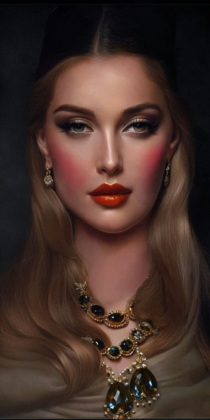 Woman portrait with stylized makeup and gemstone accessories.