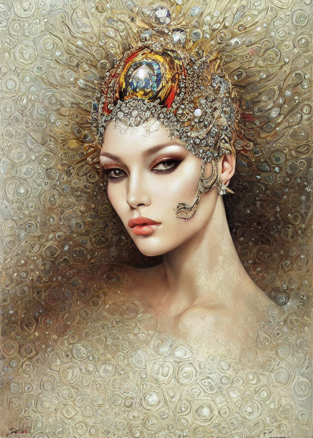 Intricate jewel-adorned headdress and dramatic makeup with luxurious textures