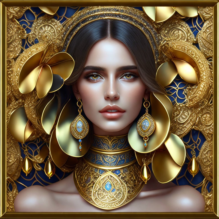 Intricate digital artwork of a woman in gold jewelry and headdress on blue background