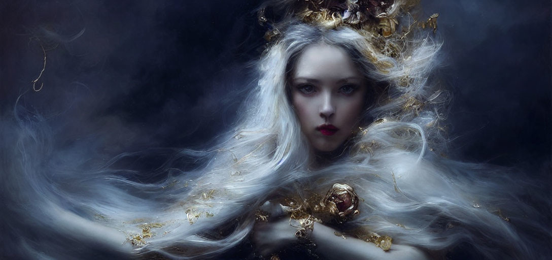 Pale-skinned woman with silver hair and golden crown in mystical setting.