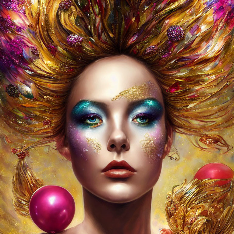 Colorful digital portrait of a woman with ornate headpiece and glitter makeup