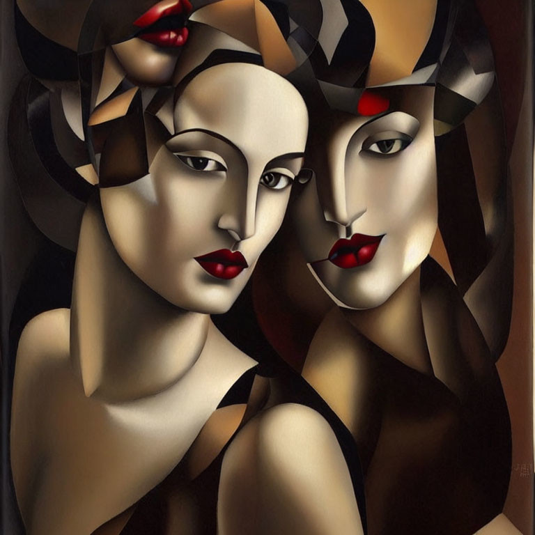 Stylized female figures with pale faces and ribbon-like black hair on brown background