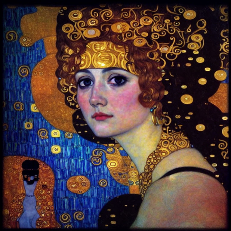 Art Nouveau style portrait with swirling gold motifs and decorative patterns