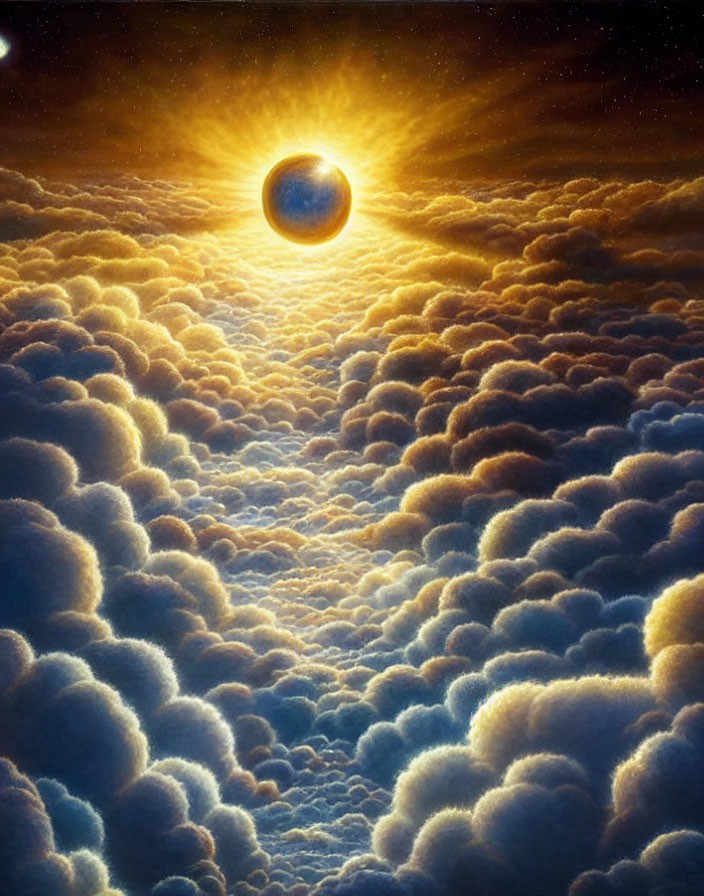Vivid painting of sunlit planet above golden clouds