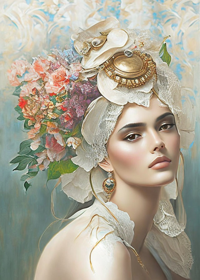 Floral and lace headpiece with pastel flowers and gold accents on a woman