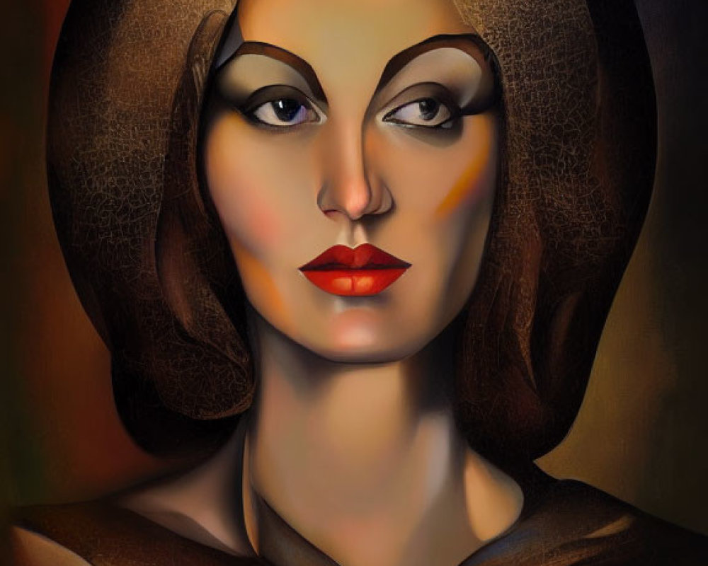Stylized portrait of a woman with elongated face and dramatic makeup
