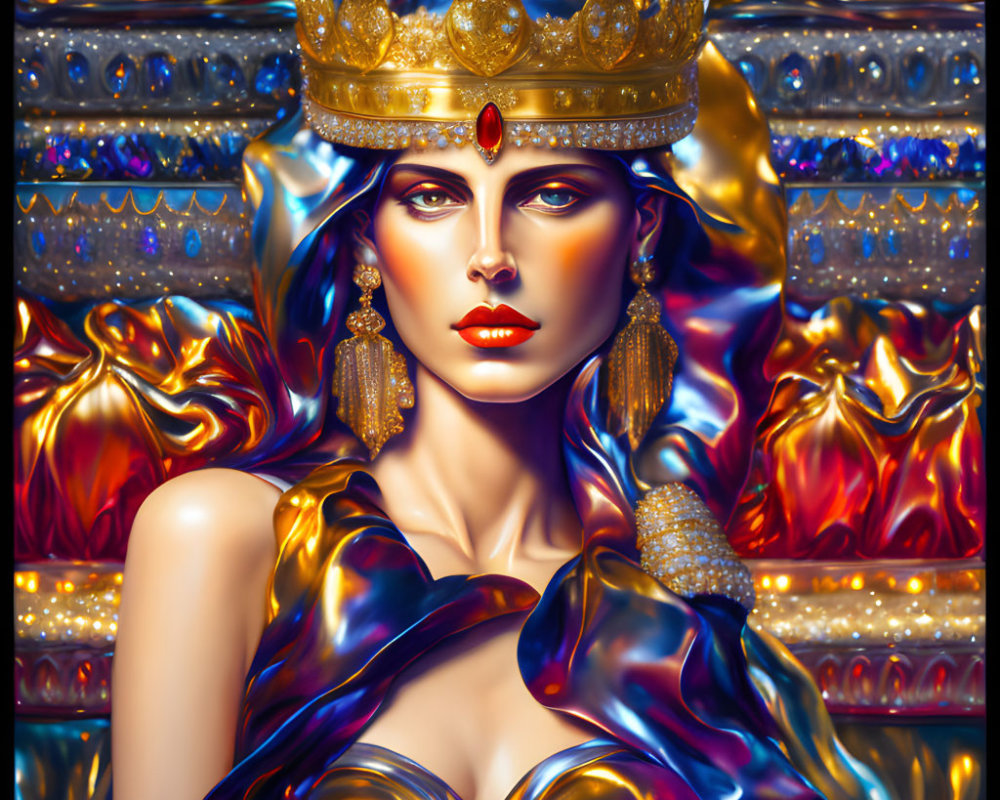 Regal digital portrait of a woman with striking eyes in golden crown and luxurious robe
