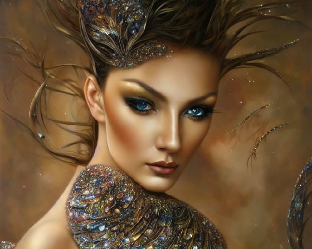 Portrait of Woman with Intense Blue Eyes and Jeweled Headpiece