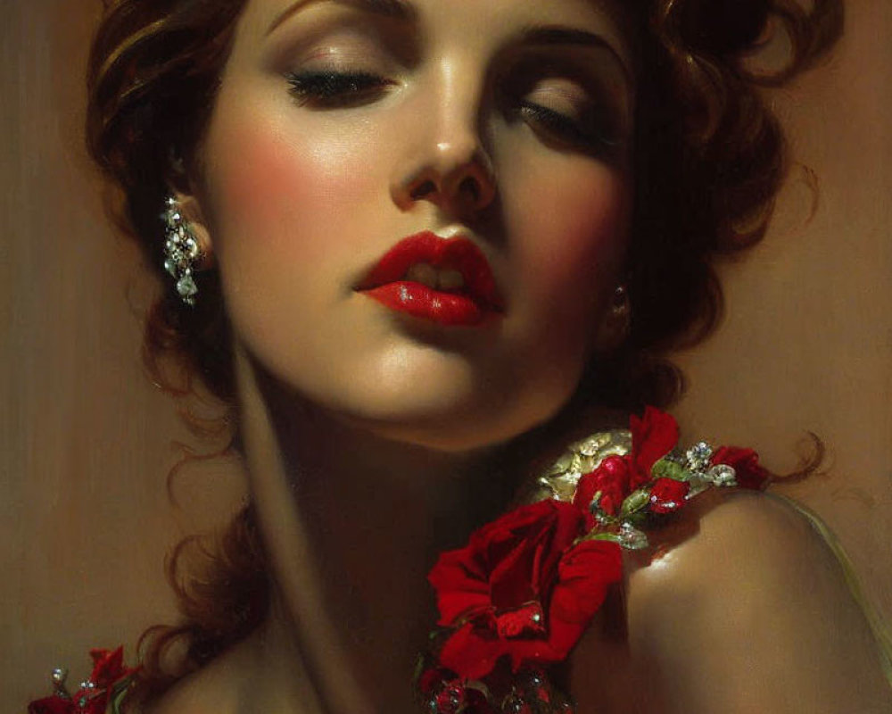 Portrait of woman with closed eyes, red roses in hair, red lipstick, and off-shoulder