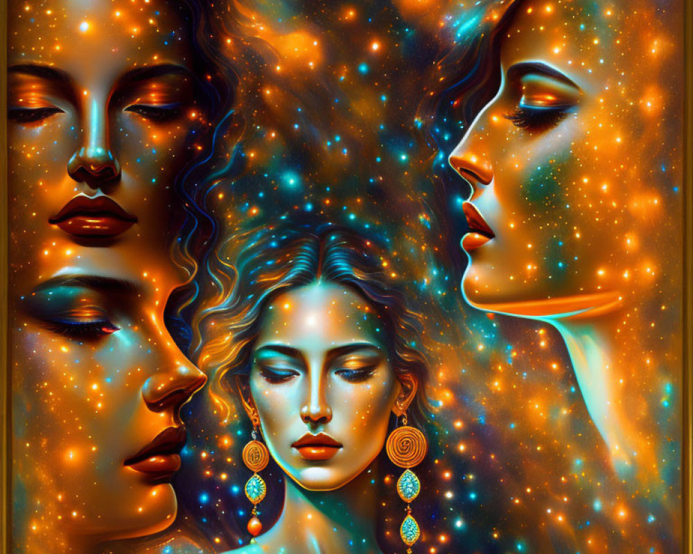Celestial female faces with cosmic backdrop and intricate earrings