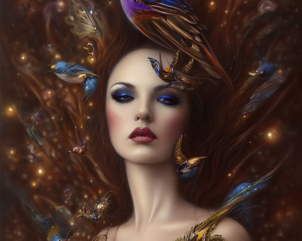 Woman with flowing hair and colorful birds in golden setting.