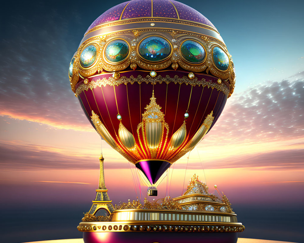 Ornate hot air balloon with gems and golden accents above cloud-covered horizon at sunset