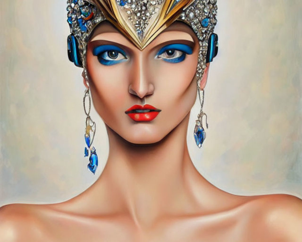 Stylized portrait of woman in bejeweled crown with blue gem