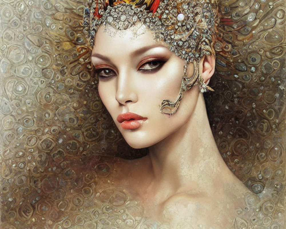 Intricate jewel-adorned headdress and dramatic makeup with luxurious textures
