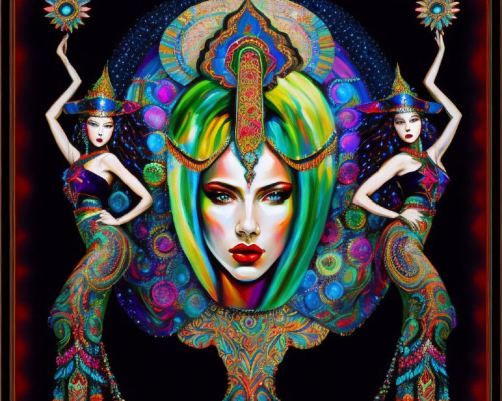 Colorful digital artwork: stylized woman's face, bold eye makeup, symmetrical figures, psychedelic