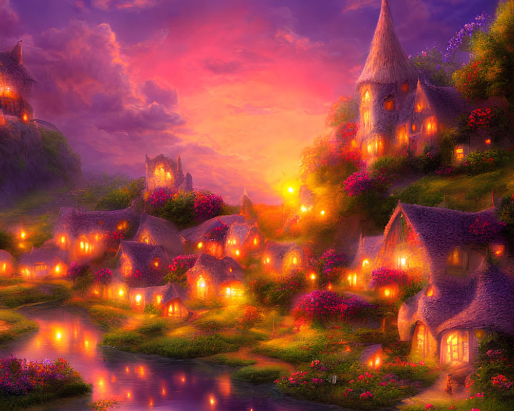 Enchanting fantasy village with thatched-roof cottages beside tranquil river at sunset
