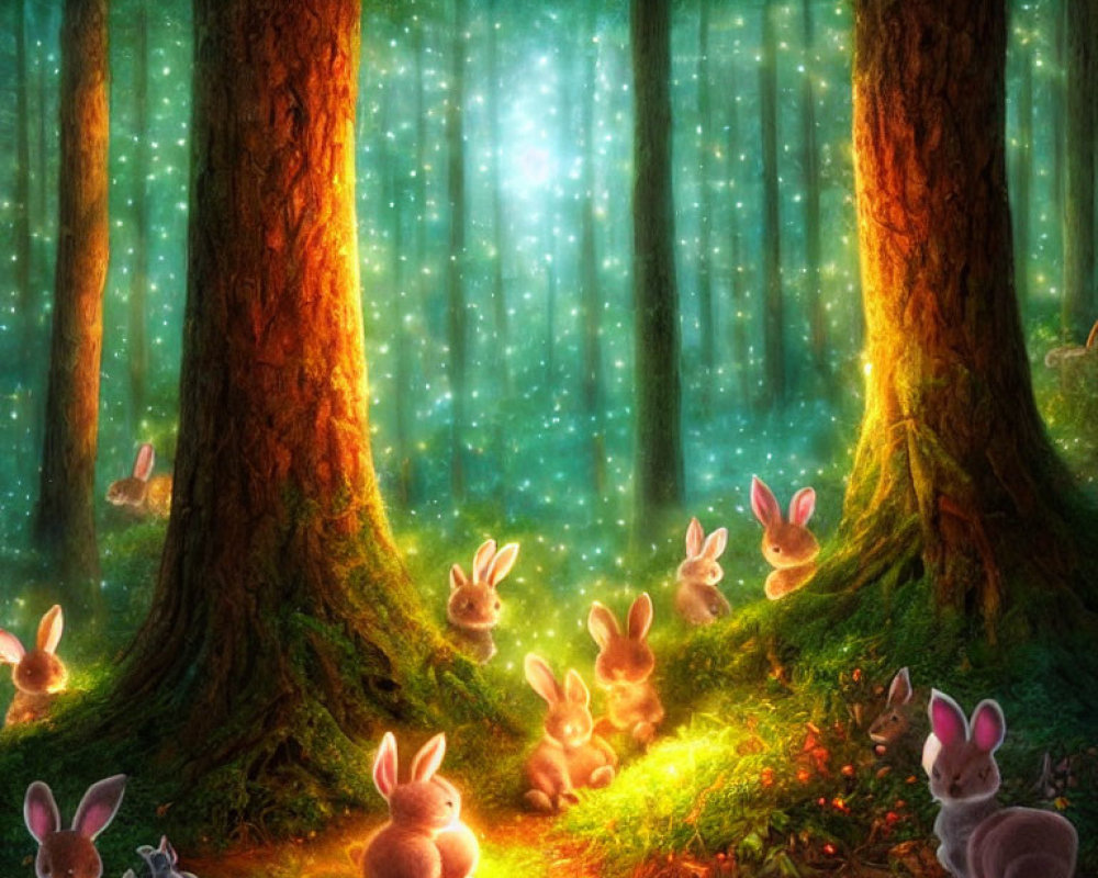 Enchanting forest scene with rabbits on glowing path