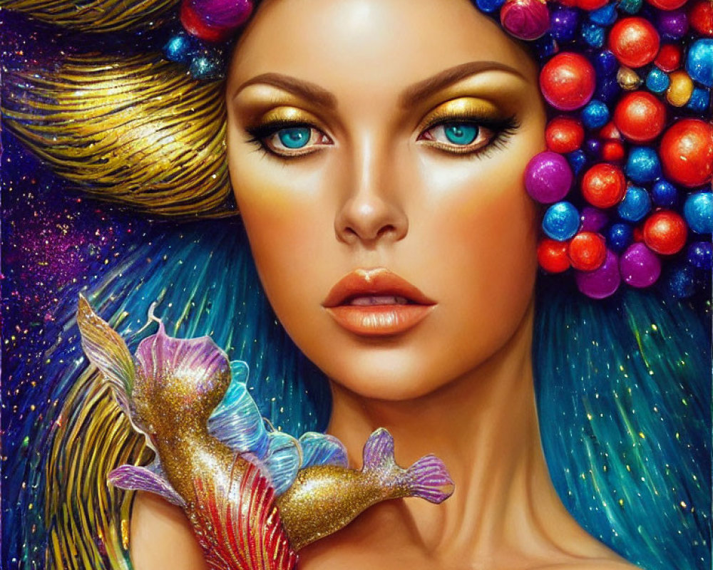Colorful illustration of woman with blue eyes and candy-like beads holding mermaid figurine