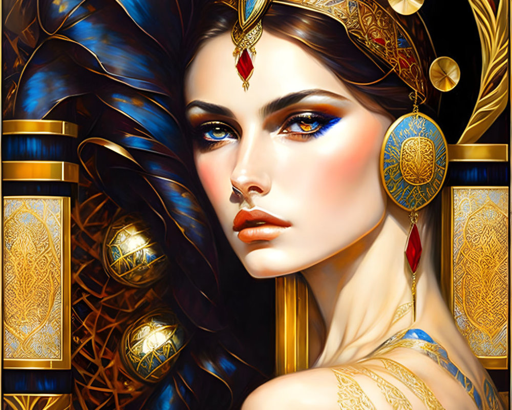 Illustrated portrait of a woman with gold jewelry, blue feathers, tattoos, on golden background