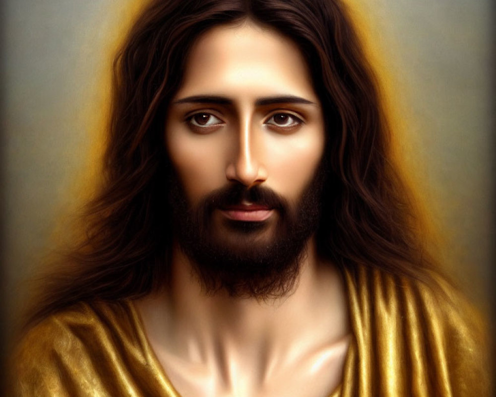 Digital painting of person with long brown hair and beard in golden robe emitting soft glow