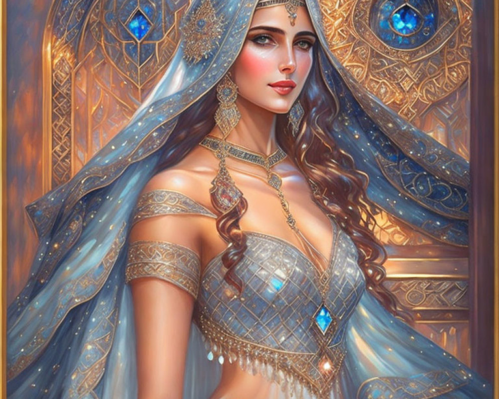 Elaborate Gold and Blue Attire Woman Illustration in Ornate Background