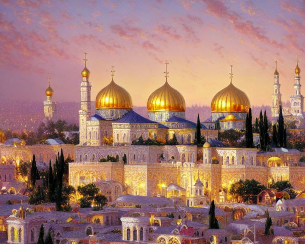 Majestic complex with golden domes and illuminated buildings at dusk