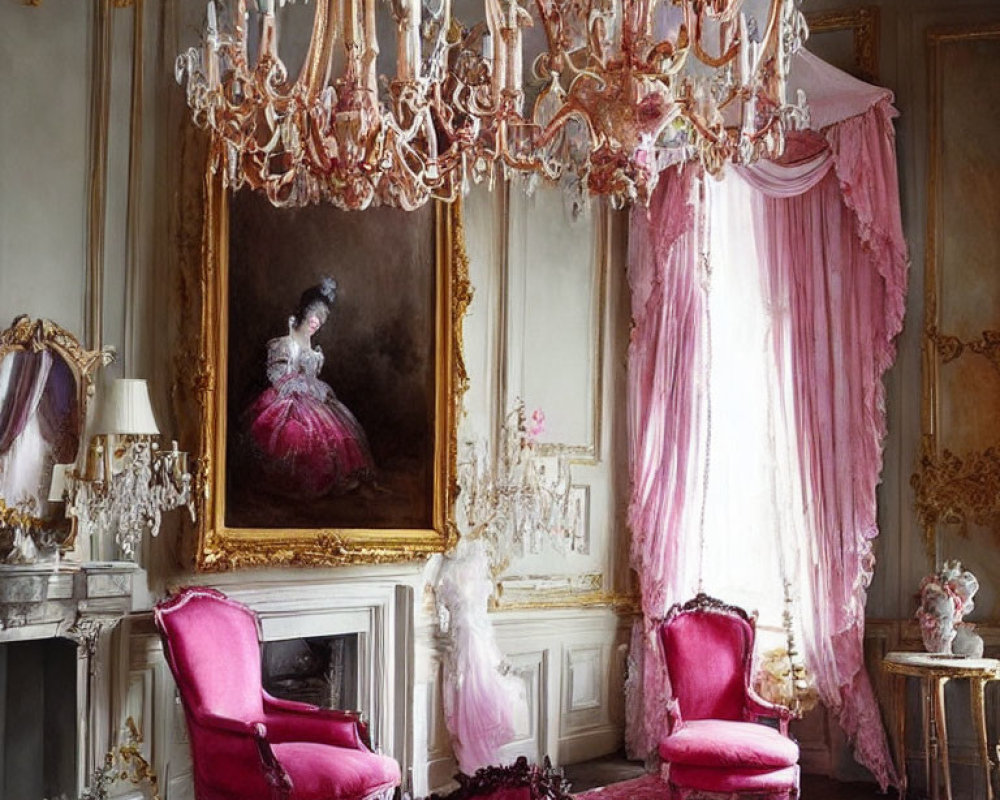 Elegant Vintage Room with Pink Velvet Chairs & Ornate Chandelier