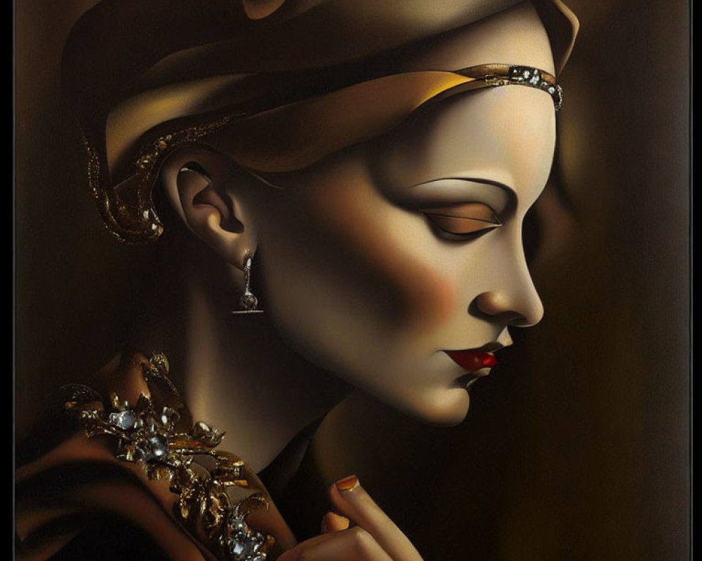 Stylized portrait of woman in jeweled turban & attire on dark backdrop