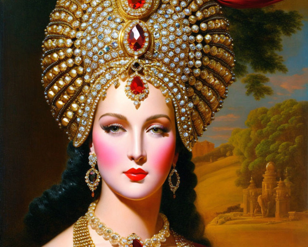 Woman with Golden Headdress & Red Jewelry in Landscape Portrait