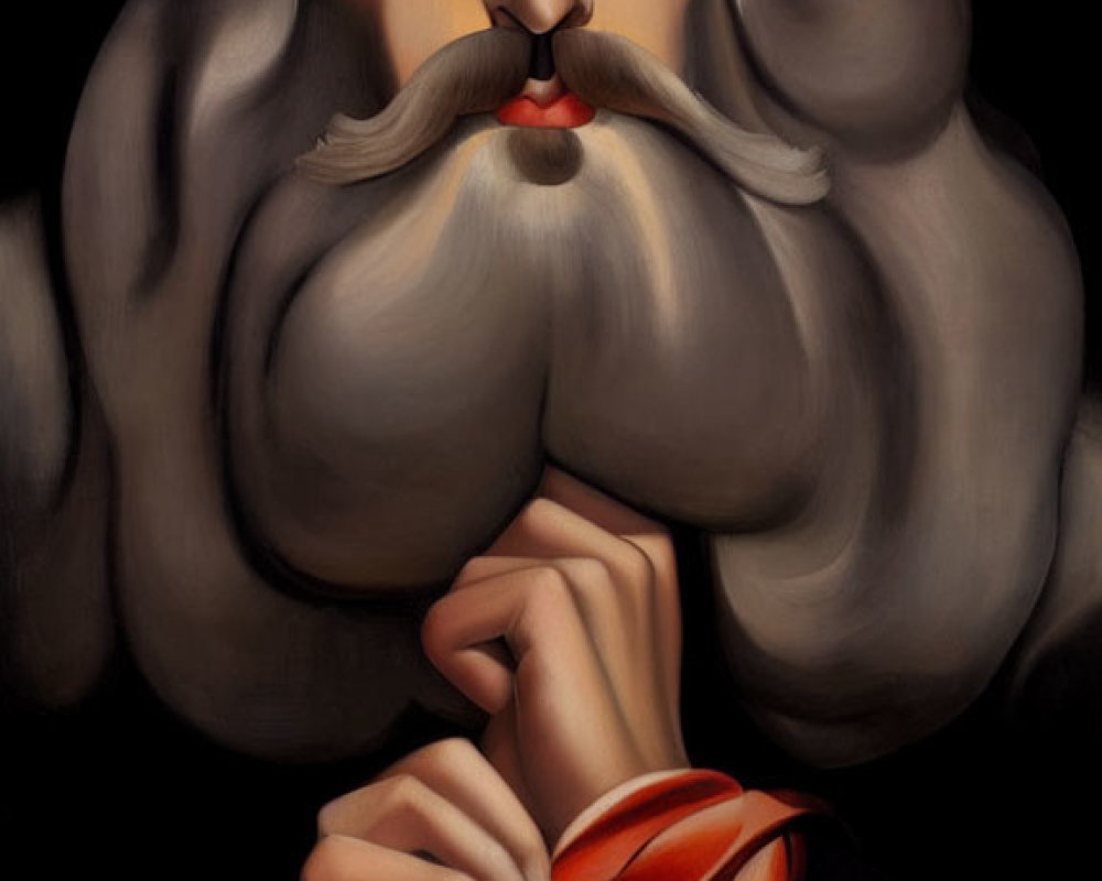 Stylized portrait of man with grey hair and mustache, holding drapery