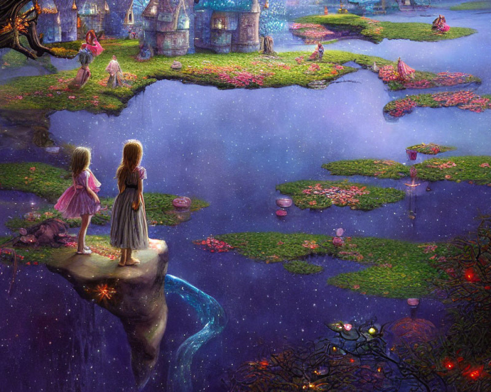 Two girls on cliff with magical floating islands and colorful flora
