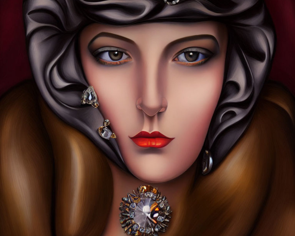 Detailed illustration of woman with striking eyes wearing headscarf and elegant jewelry