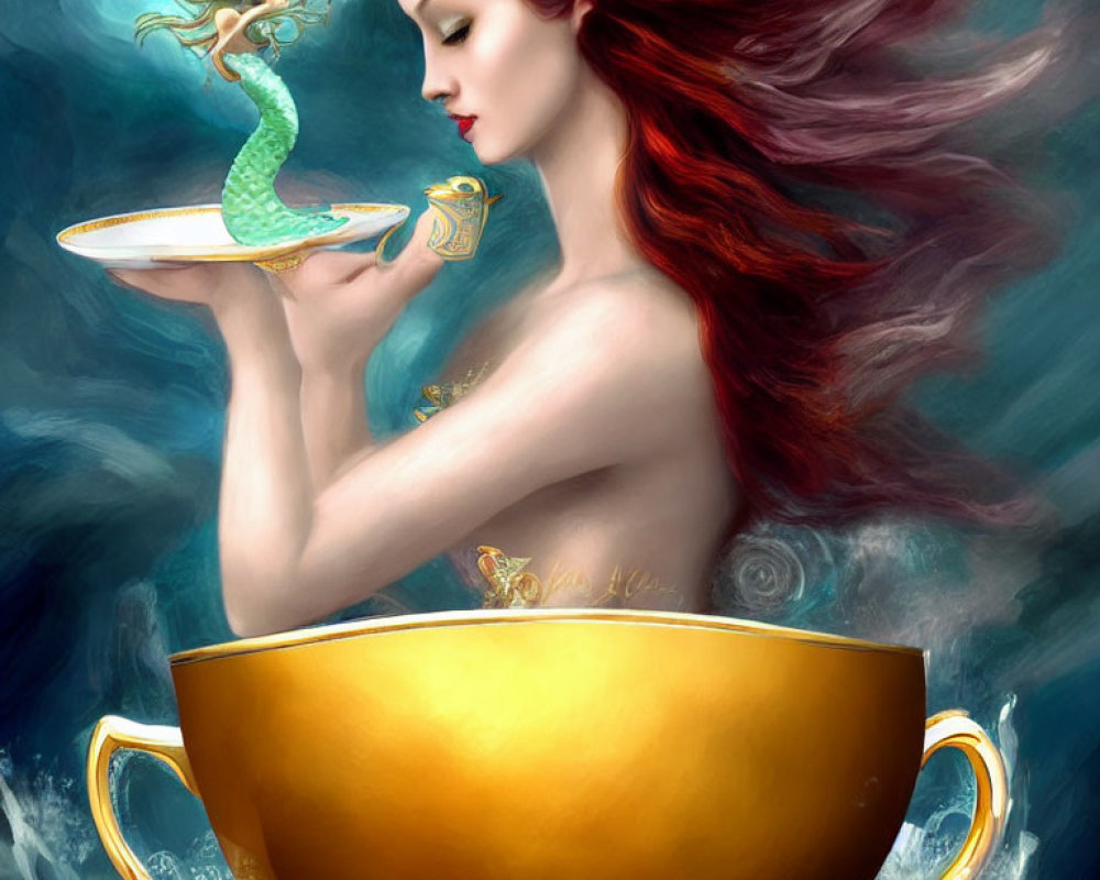 Illustration of red-haired woman with green creature and golden cup