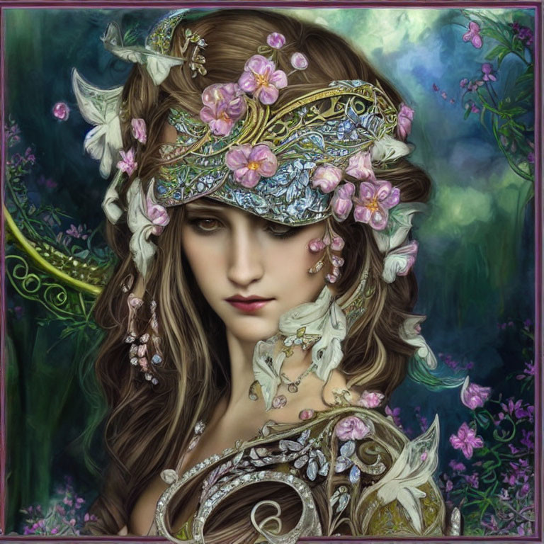 Illustrated fantasy woman with ornate floral headdress and intricate jewelry in mystical setting.
