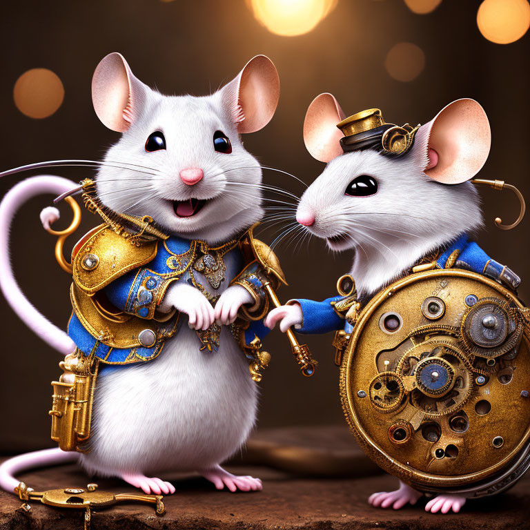 Steampunk-themed anthropomorphic mice with mechanical pocket watch in warm backdrop