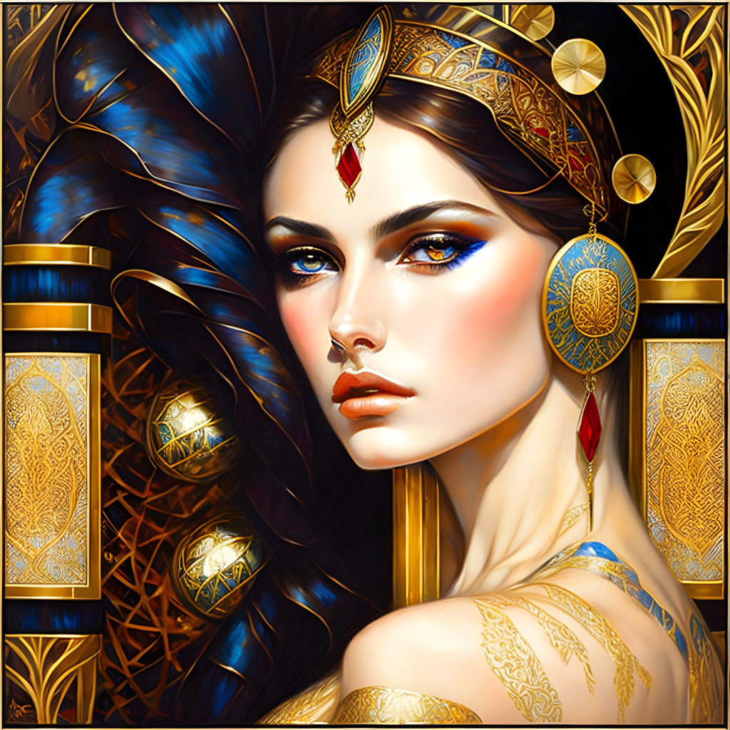 Illustrated portrait of a woman with gold jewelry, blue feathers, tattoos, on golden background