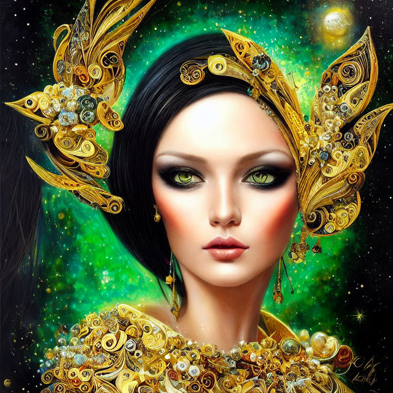 Fantastical portrait of woman with black hair and golden headdress in celestial space.