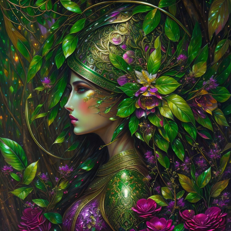 Illustration of woman with gold helmet in lush floral setting