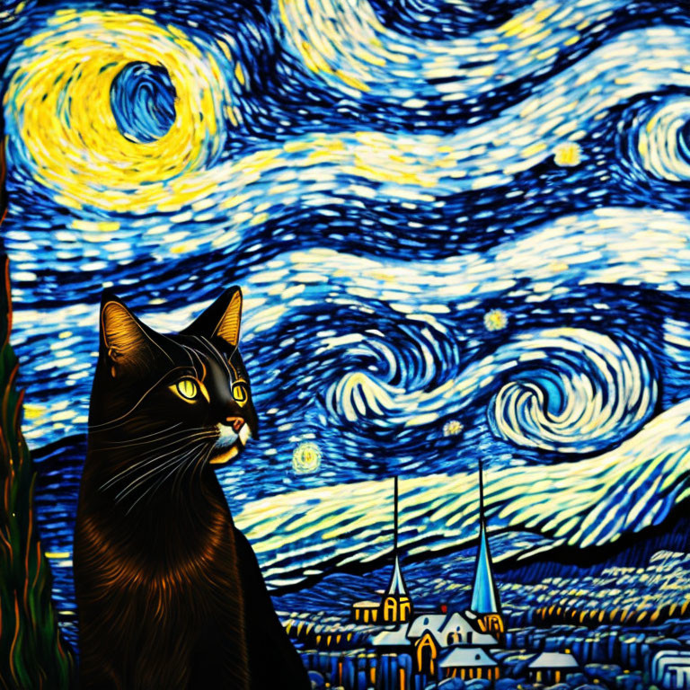 Black Cat Against Starry Night-Inspired Background