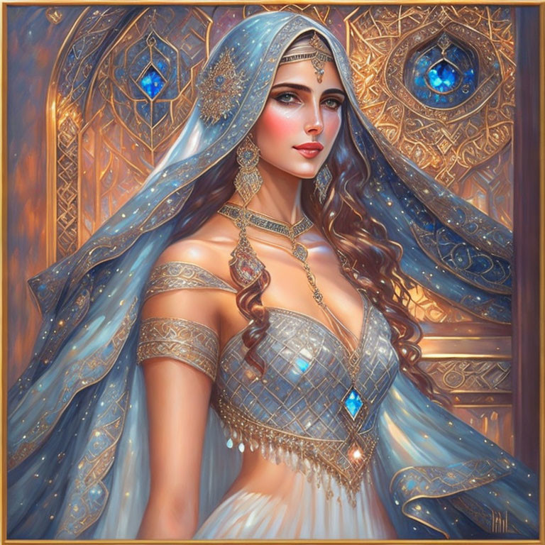 Elaborate Gold and Blue Attire Woman Illustration in Ornate Background