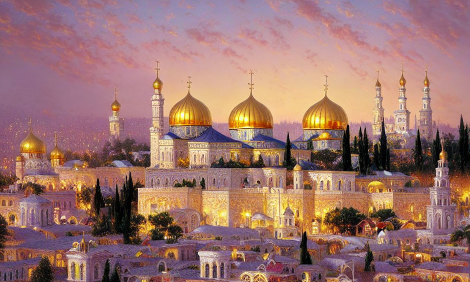 Majestic complex with golden domes and illuminated buildings at dusk