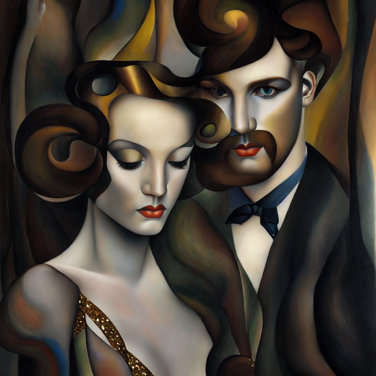 Stylized portrait of a woman and man with swirling hair and soft features