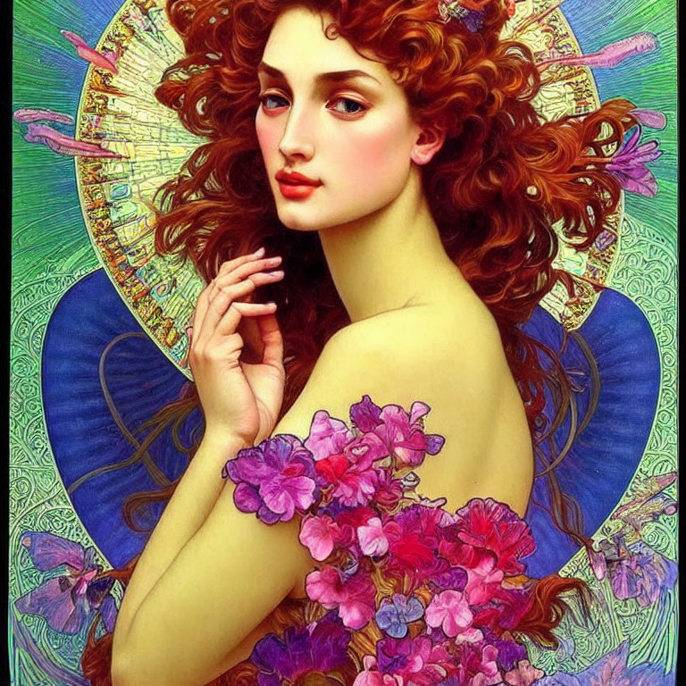 Red Curly-Haired Woman with Halo Motif and Purple Flowers on Blue Heart Background