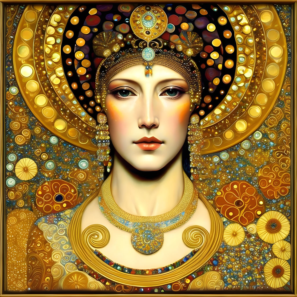 Woman with solemn expression adorned in intricate golden jewelry and ornate halo.