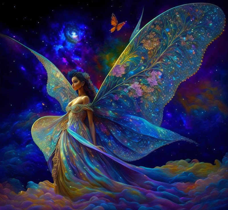 Colorful winged fairy and butterfly in cosmic scene