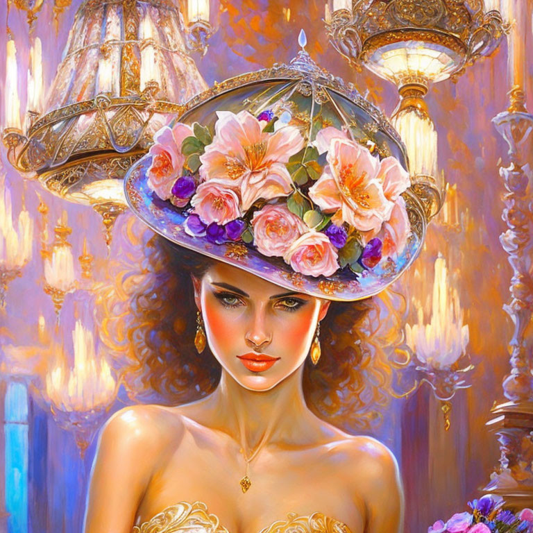Illustrated woman in floral hat and golden gown on warm background
