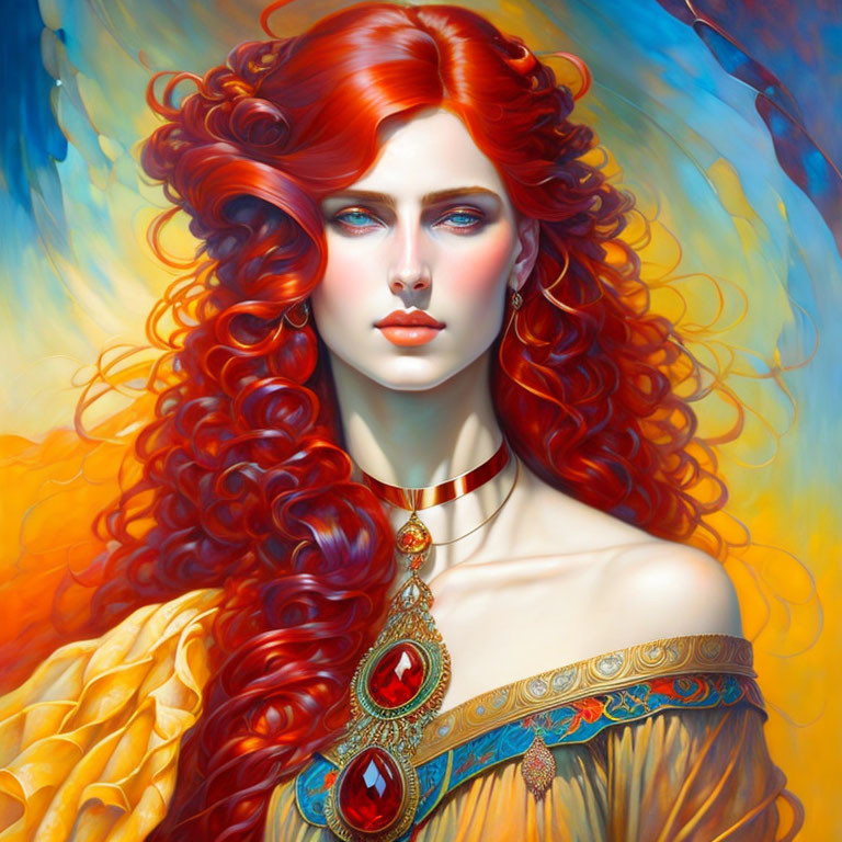 Vibrant red-haired woman in yellow dress with blue eyes.