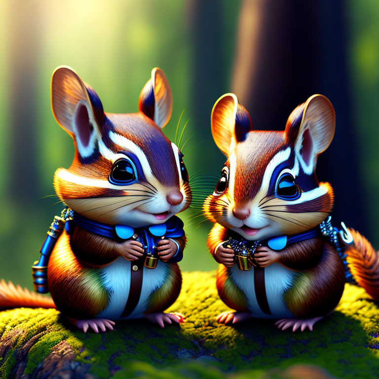 Animated chipmunks in clothes on mossy log in vibrant forest
