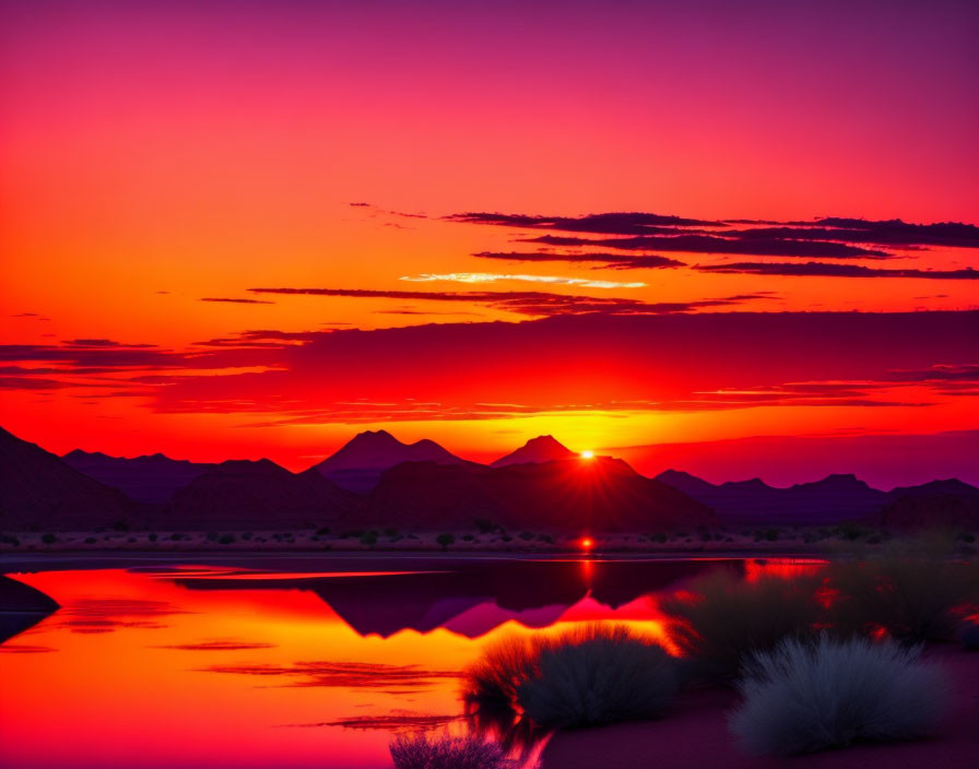Scenic purple and orange sunset over tranquil lake with distant mountains and sparse vegetation