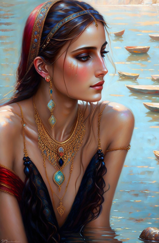 Elegant lady with jewelry and red headband by serene water with floating petals